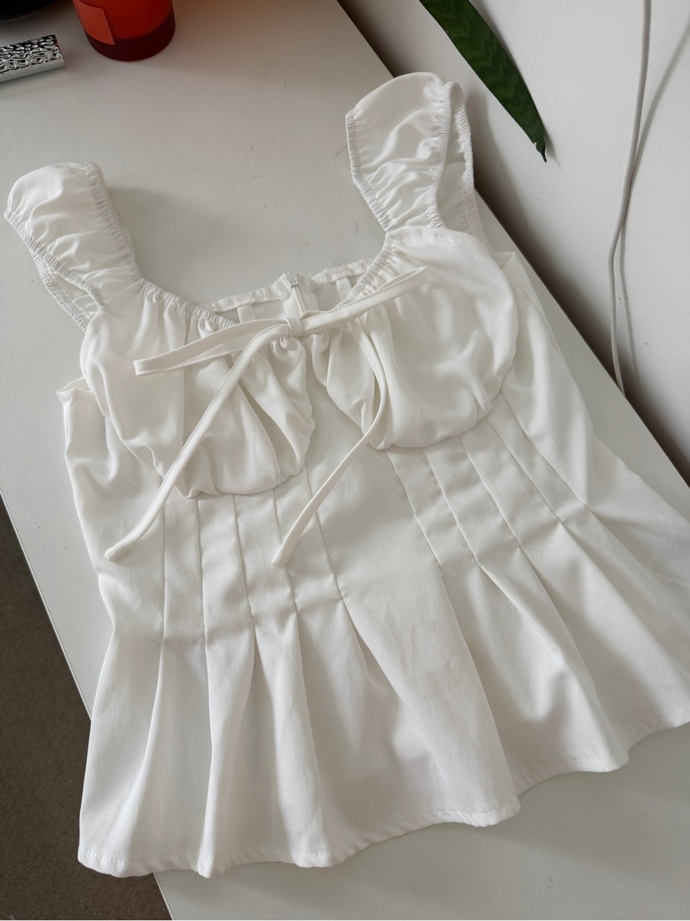 White Pleated Ruffled Tie-Front Women's Top